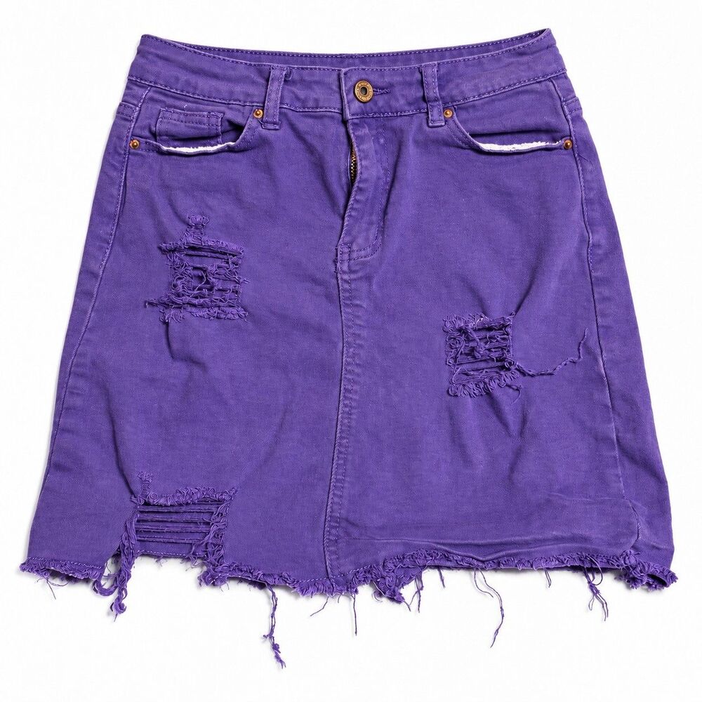 Vintage Purple Distressed Denim Mini Skirt Size 7 Raw Hem Grunge Y2K Style